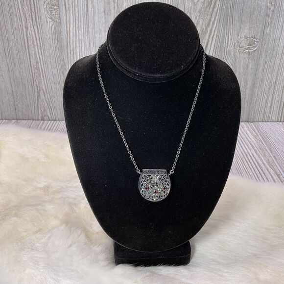 Vintage Purse Locket Pendant Necklace Opens Filigree Marcasite Style Red Glass S - Picture 1 of 6